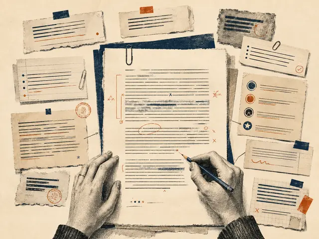Notes, references and marked-up pages converging into a single draft